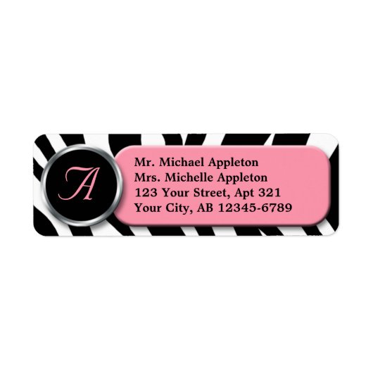 Classy Zebra Print Roze Monogram Adresetiketten Etiket (Voorkant)