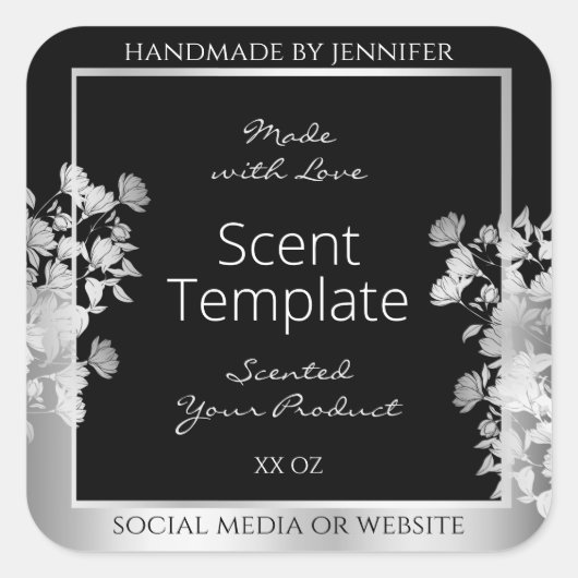 Classy Zwart Bloemen Product Verpakking Label Zilv (Voorkant)