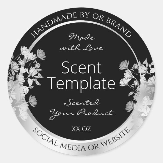 Classy Zwart Bloemen Product Verpakking Label Zilv (Voorkant)