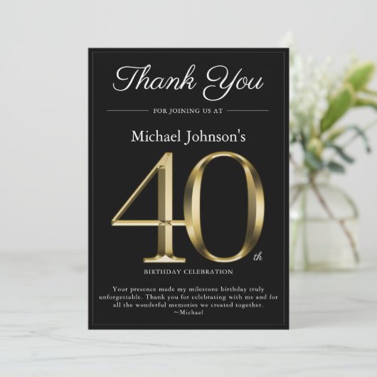 Classy Zwart en Goud 40e Verjaardag Dank u Kaart (Staand voorkant)