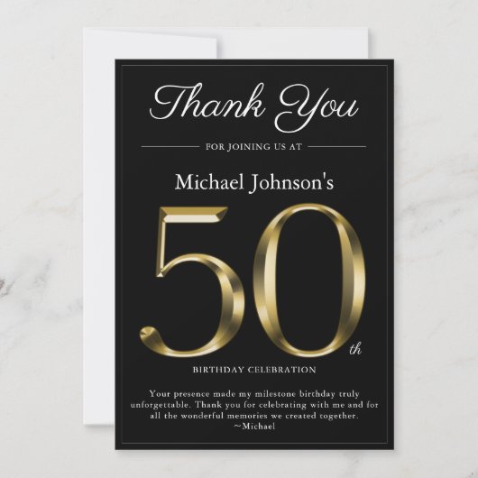 Classy Zwart en Goud 50e Verjaardag Dank u Kaart (Voorkant)