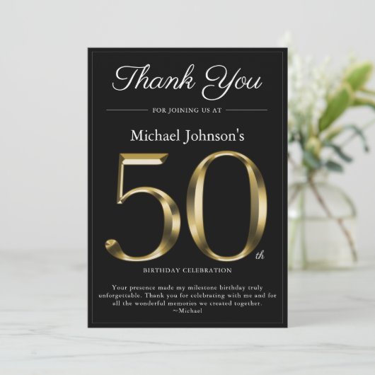 Classy Zwart en Goud 50e Verjaardag Dank u Kaart (Staand voorkant)