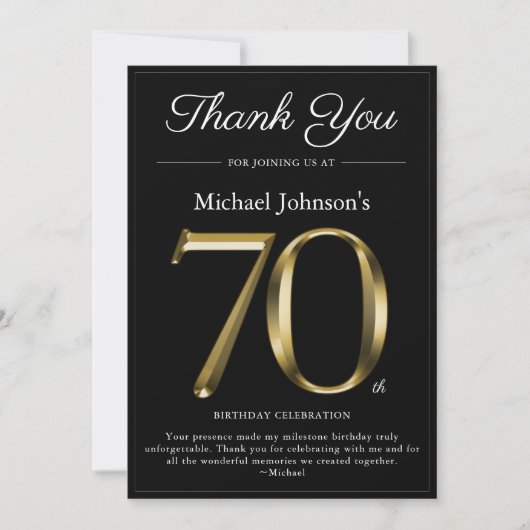 Classy Zwart en Goud 70e Verjaardag Dank u Kaart (Voorkant)