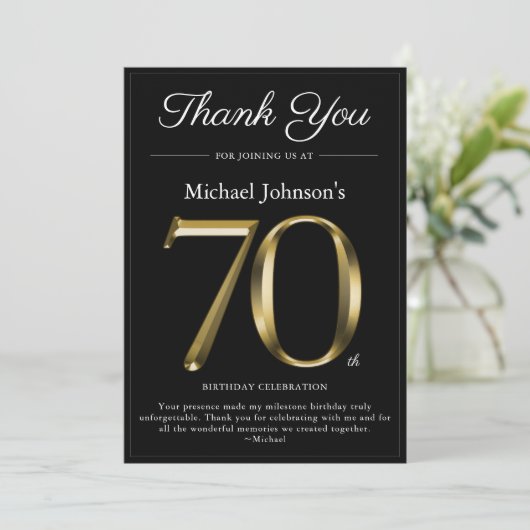 Classy Zwart en Goud 70e Verjaardag Dank u Kaart (Staand voorkant)
