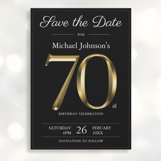 Classy Zwart en Goud 70e Verjaardagsfeestje Save The Date