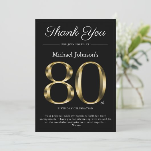 Classy Zwart en Goud 80e Verjaardag Dank u Kaart (Staand voorkant)