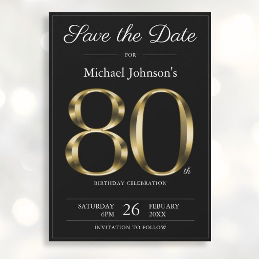 Classy Zwart en Goud 80e Verjaardagsfeestje Save The Date