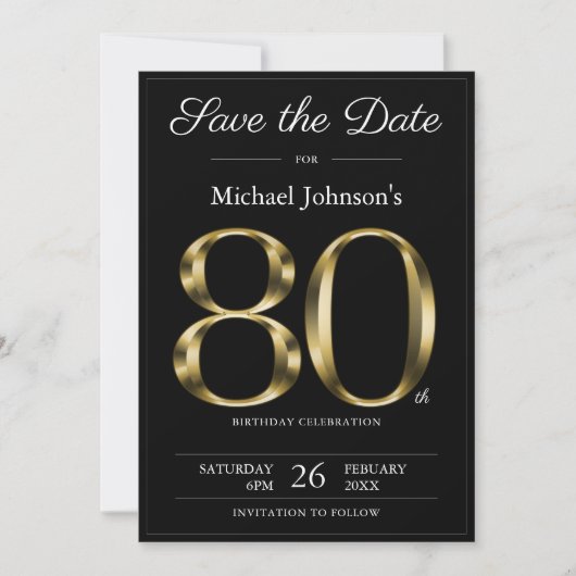 Classy Zwart en Goud 80e Verjaardagsfeestje Save The Date (Voorkant)