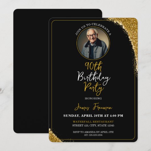 Classy zwart en goud foto 90e verjaardag kaart (Voorkant / Achterkant)