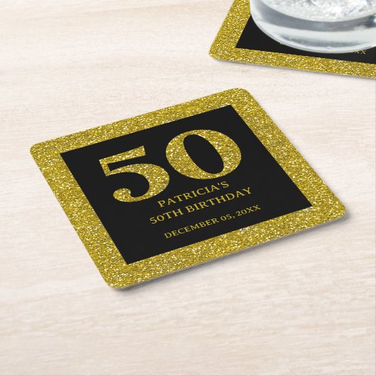 Classy Zwart en Goud Glitter 50ste Verjaardagsfees Kartonnen Onderzetters (Schuin)
