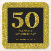 Classy Zwart en Goud Glitter 50ste Verjaardagsfees Kartonnen Onderzetters (Voorkant)