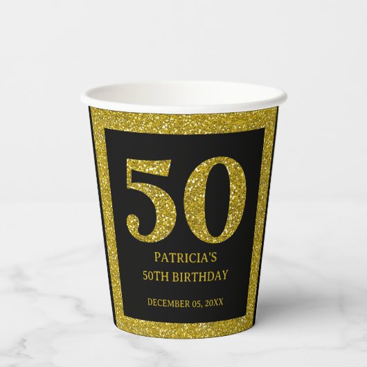 Classy Zwart en Goud Glitter 50ste Verjaardagsfees Papieren Bekers (Achterkant)