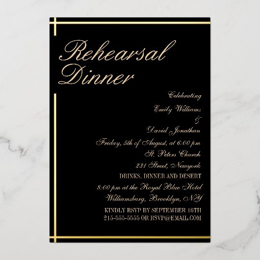 Classy zwart en goud repetitie diner folie uitnodiging (Voorkant)