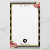 Classy zwart gestreepte Rozen Monogram Briefpapier (Voorkant)