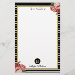 Classy zwart gestreepte Rozen Monogram Briefpapier