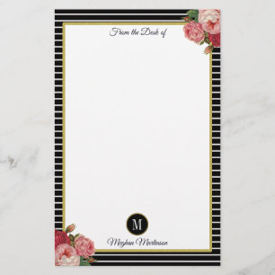 Classy zwart gestreepte  Rozen Monogram Briefpapier