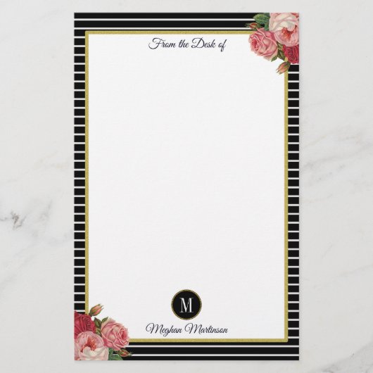 Classy zwart gestreepte Rozen Monogram Briefpapier (Voorkant)