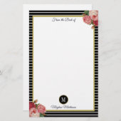 Classy zwart gestreepte Rozen Monogram Briefpapier (Voorkant / Achterkant)