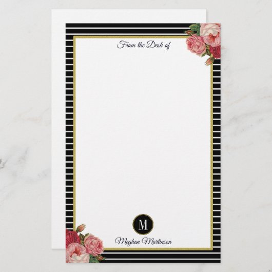 Classy zwart gestreepte Rozen Monogram Briefpapier (Voorkant / Achterkant)