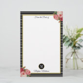 Classy zwart gestreepte Rozen Monogram Briefpapier (Staand voorkant)