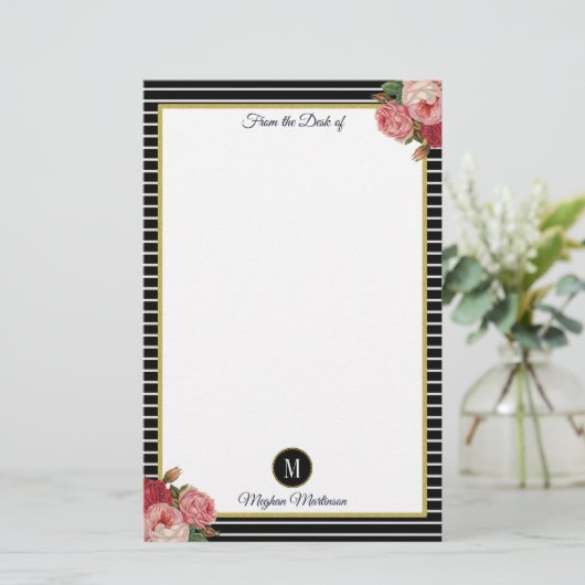 Classy zwart gestreepte Rozen Monogram Briefpapier (Staand voorkant)