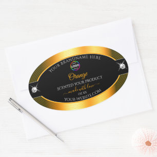 Classy zwart glanzend Sinaasappel met Logo-product Ovale Sticker