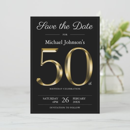 Classy Zwart Goud 50e Verjaardagsfeestje Save The Date (Staand voorkant)