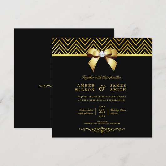 Classy Zwart Goud Chevrons Diamant Bow Bruiloft Kaart (Voorkant / Achterkant)