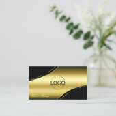 Classy zwart goud gebogen decor lijnen Logo QR-cod Visitekaartje (Staand voorkant)