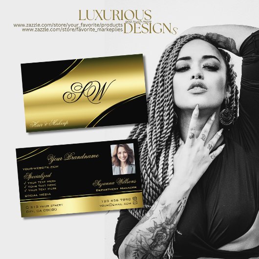 Classy zwart goud gebogen lijnen monogram en foto visitekaartje
