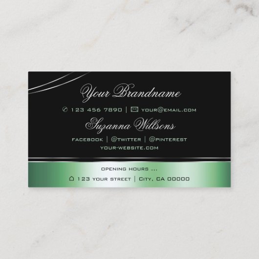 Classy zwart groen gebogen decor lijnen glinsteren visitekaartje (Achterkant)