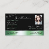 Classy zwart groen gebogen lijnen monogram en foto visitekaartje (Achterkant)