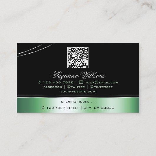 Classy zwart groen gebogen lijnen monogram QR-code Visitekaartje (Achterkant)