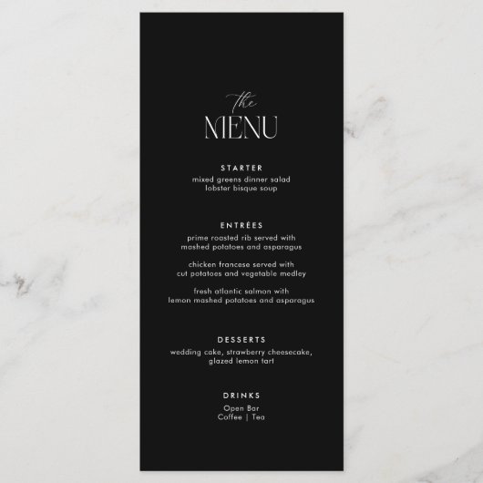 Classy zwart oud geld bruiloft menu (Voorkant)