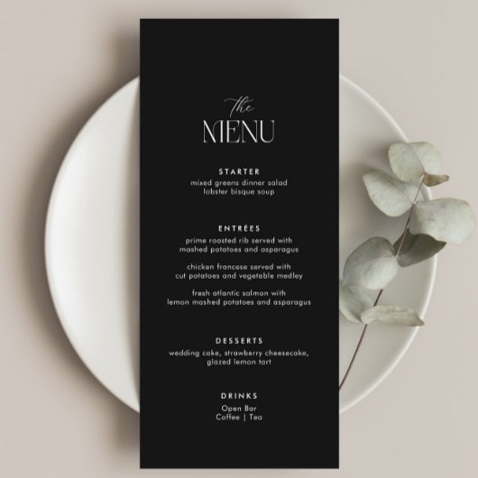 Classy zwart oud geld bruiloft menu