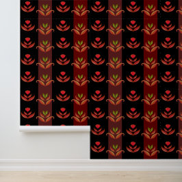 Classy zwart, rood, bruin bloemenstrepen patroon behang