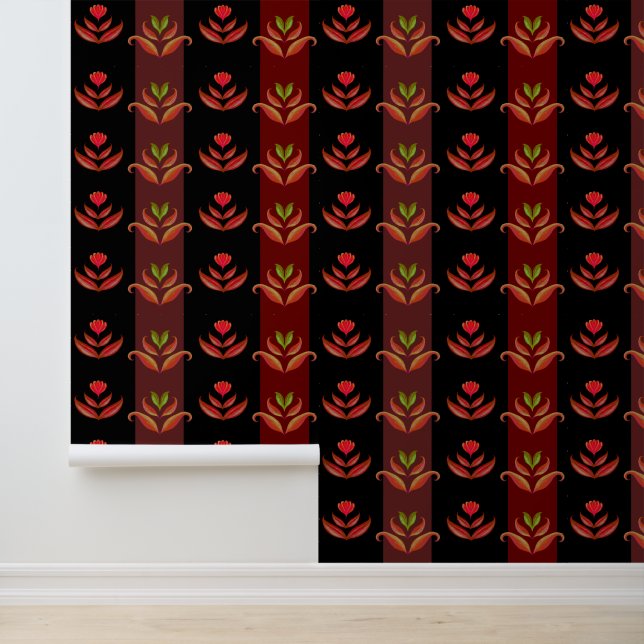 Classy zwart, rood, bruin bloemenstrepen patroon behang (Applicatie)