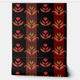 Classy zwart, rood, bruin bloemenstrepen patroon behang