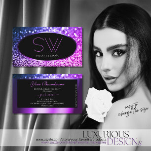 Classy Zwart Roze Paarse Sparkle Glitter Monogram Visitekaartje