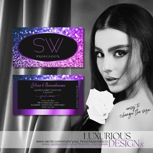 Classy Zwart Roze Paarse Sparkle Glitter Monogram Visitekaartje