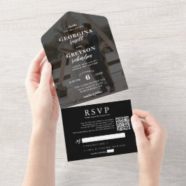 Classy Zwart RSVP Foto QR Code Bruiloft All In One Uitnodiging