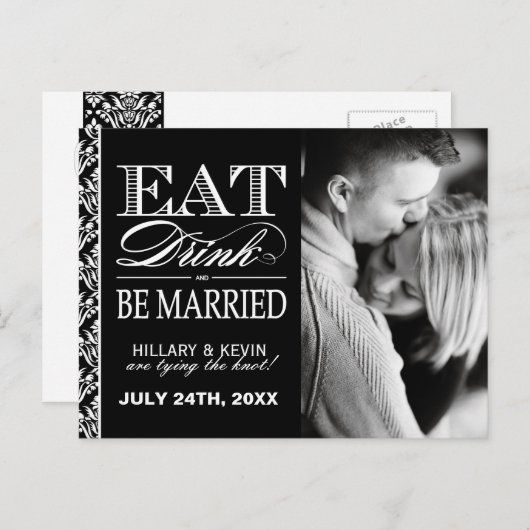 Classy zwart-wit damast Bewaar de datum Aankondigingskaart (Voorkant / Achterkant)