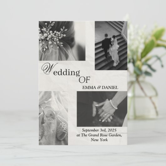 Classy zwart-wit huwelijksuitnodiging kaart (Staand voorkant)