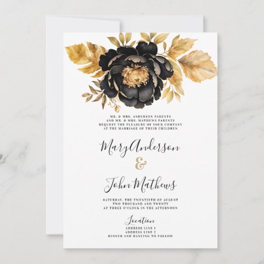 Classy zwart wit ivoor goud pioen bloemenbruiloft kaart (Voorkant)
