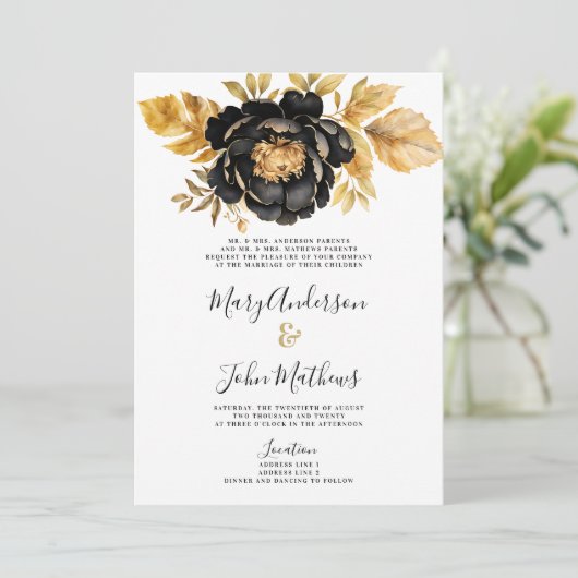 Classy zwart wit ivoor goud pioen bloemenbruiloft kaart (Staand voorkant)