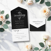 Classy zwart-wit kalligrafie script bruiloft all in one uitnodiging