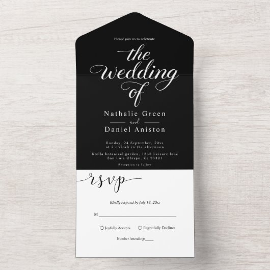 Classy zwart-wit kalligrafie script bruiloft all in one uitnodiging (Binnen)