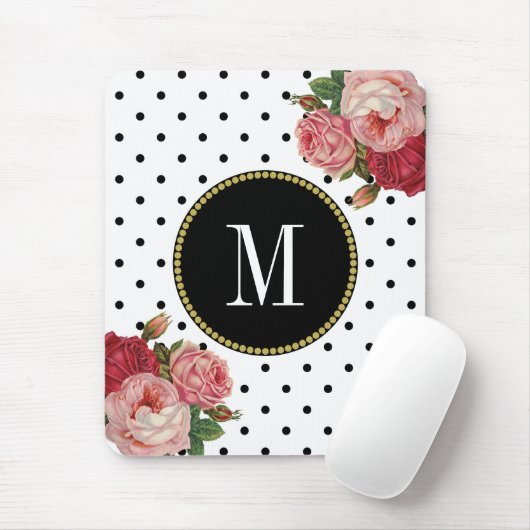 Classy Zwart Wit Stippen Antiek Bloemen Monogram Muismat (Met muis)
