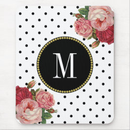Classy Zwart Wit Stippen Antiek Bloemen Monogram Muismat