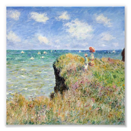 Claude Monet loopt over de Cliff in Pourville Foto Afdruk (Voorkant)